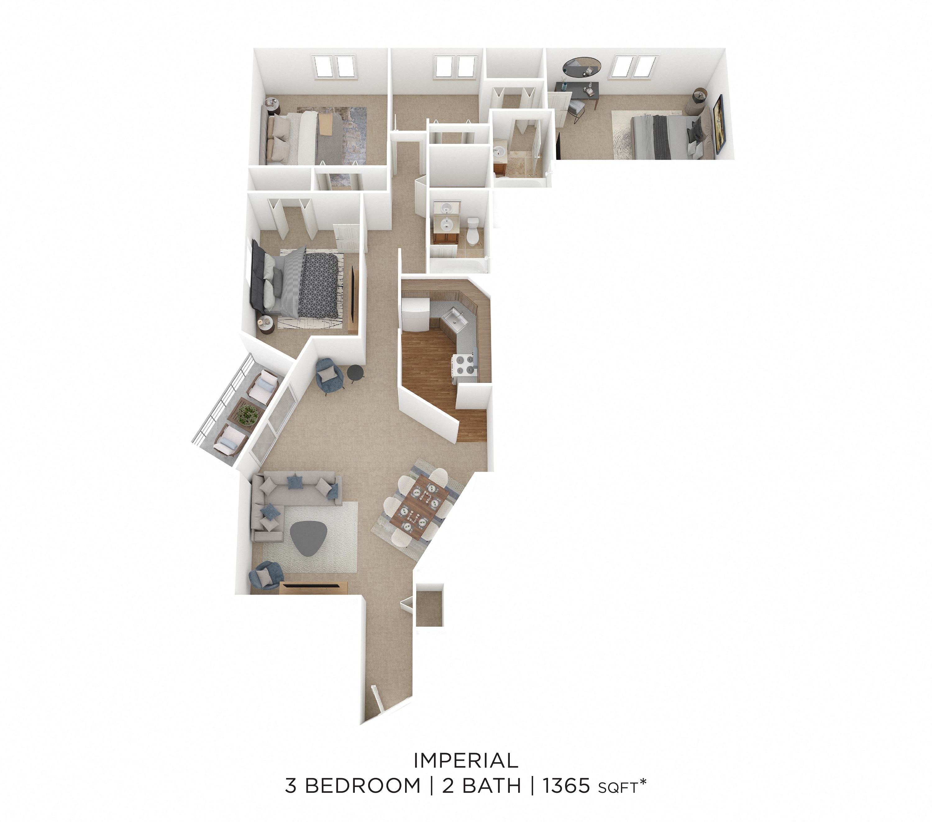 Floor plan for 3 beds, 2 baths, 1365 sqft